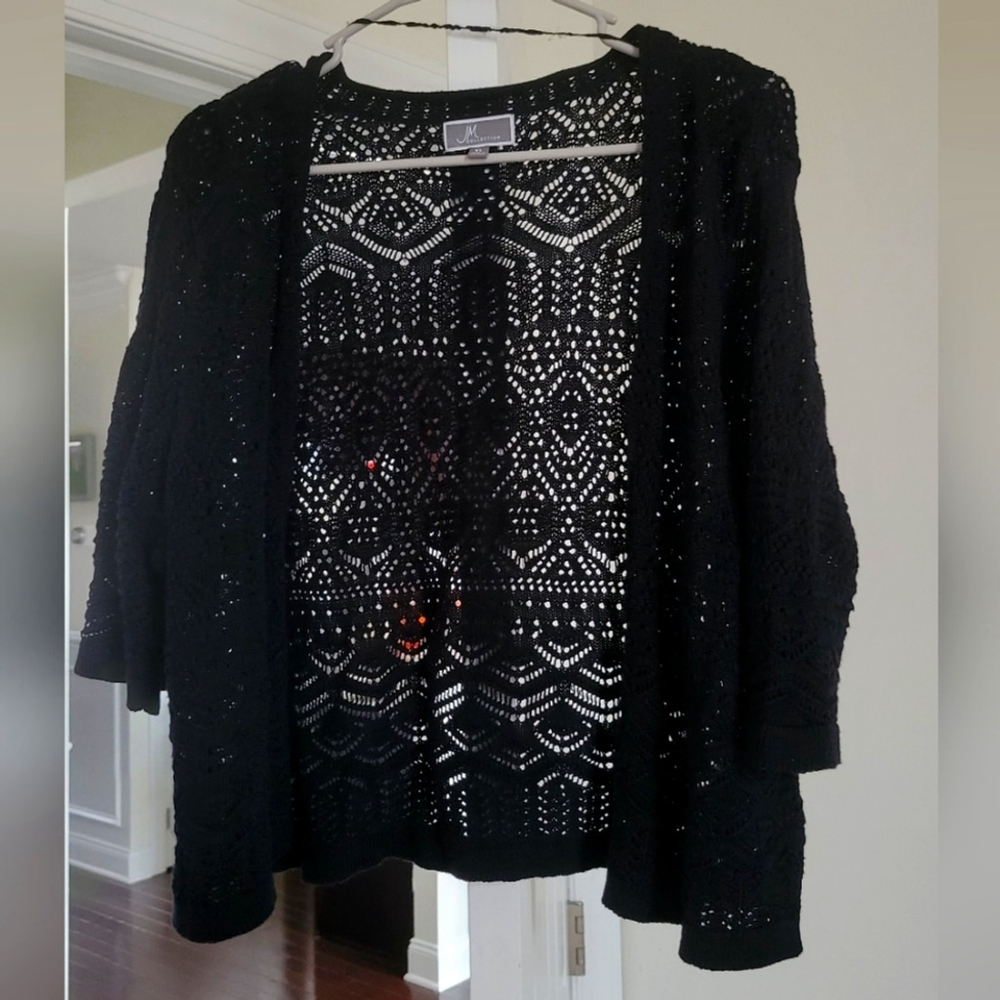 JM Collection XL Black Crochet Open Front Cardigan | Boho Lightweight Layer - Picture 2 of 4